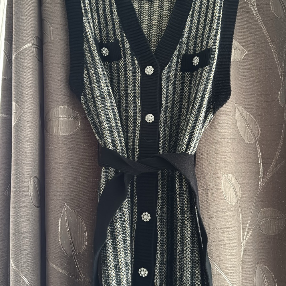 Black and Gray Belted Sweater Dress